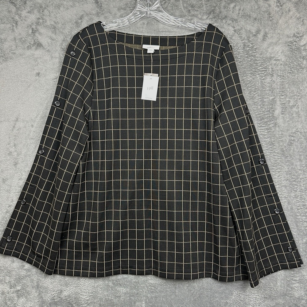 J. Jill Shirt Top Women's Large Black Camel Windowpane Ponte Long Sleeve NWT